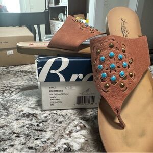 Lucky Brand Brick Suede Thong Sandals with Turquoise Stud Accents